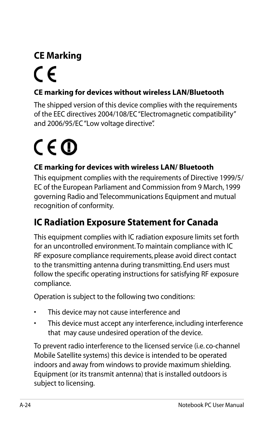 Ce marking, Ic radiation exposure statement for canada | Asus N43JF User Manual | Page 96 / 112