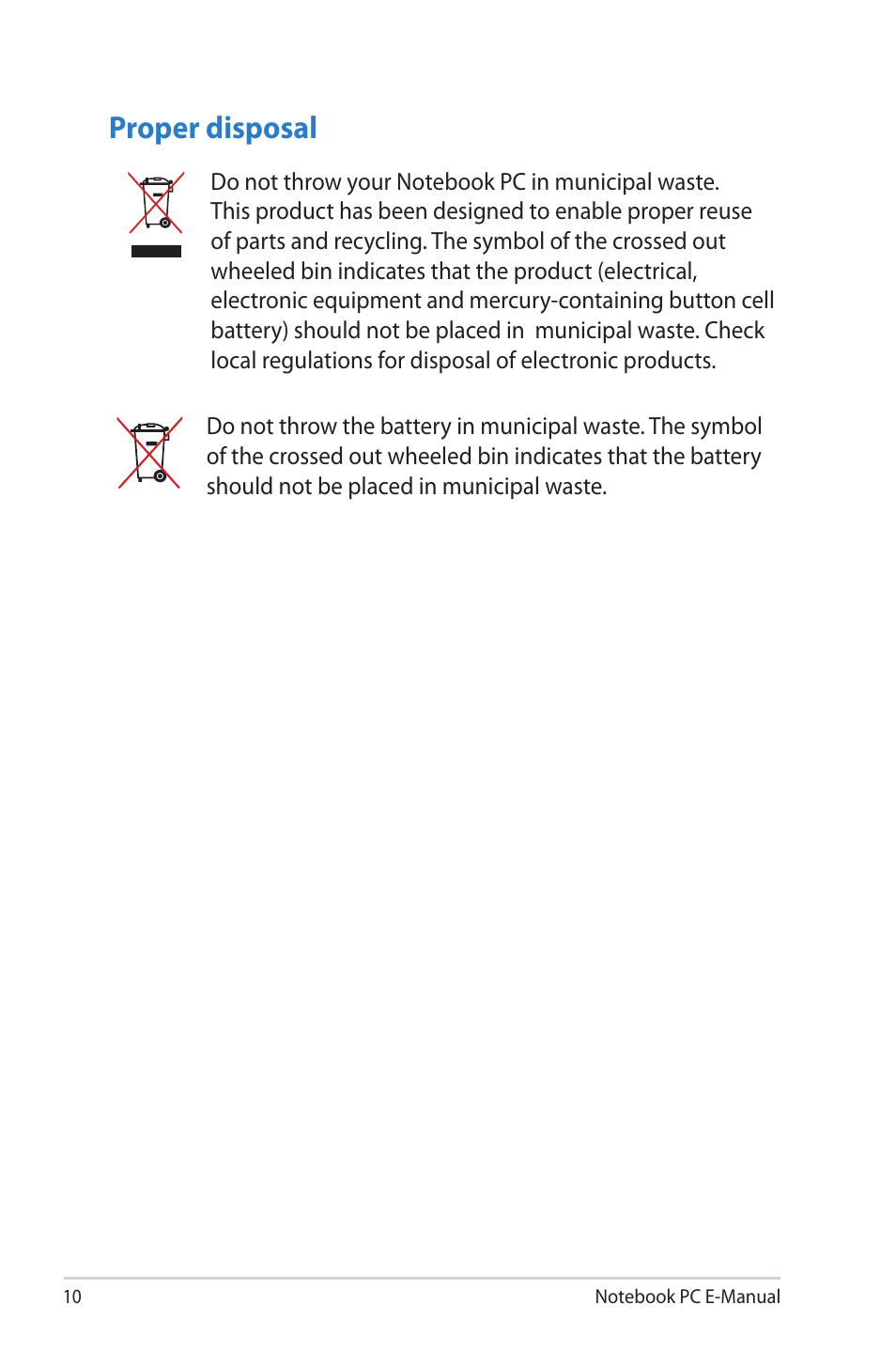 Proper disposal | Asus UX42VS User Manual | Page 10 / 102