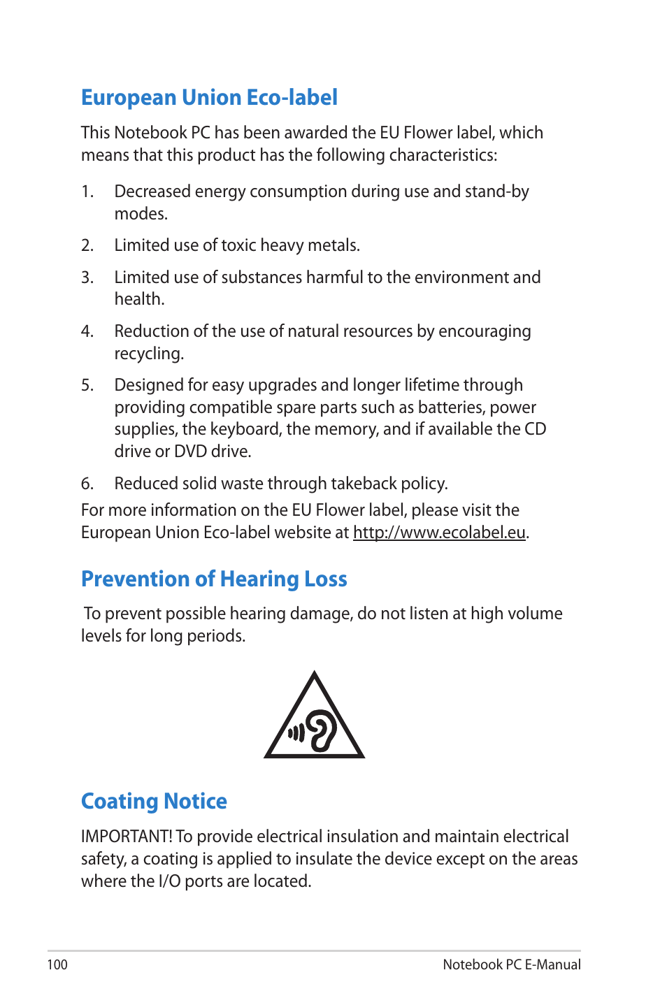 European union eco-label, Prevention of hearing loss, Coating notice | Asus UX42VS User Manual | Page 100 / 102