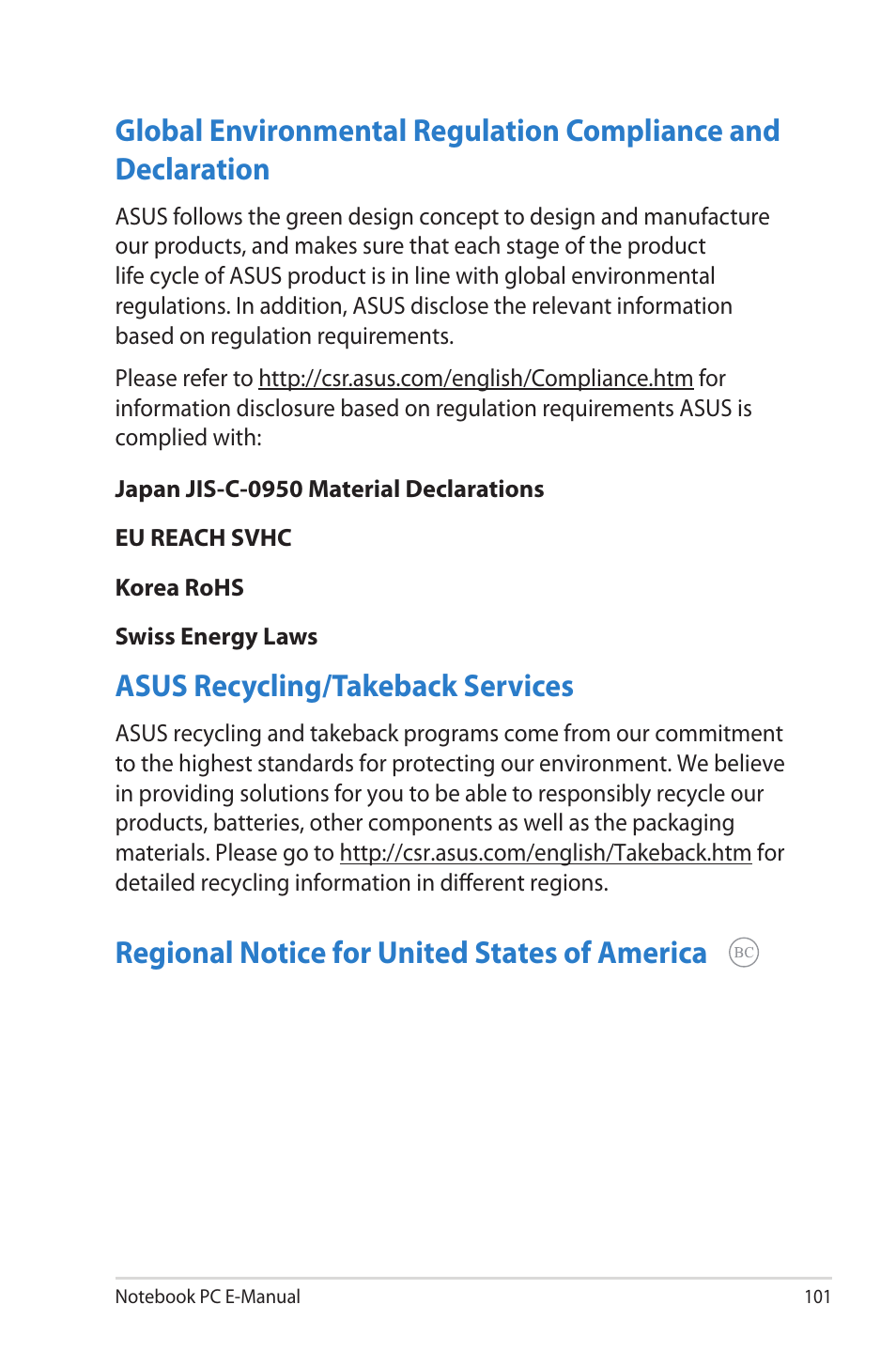 Asus recycling/takeback services, Regional notice for united states of america | Asus UX42VS User Manual | Page 101 / 102