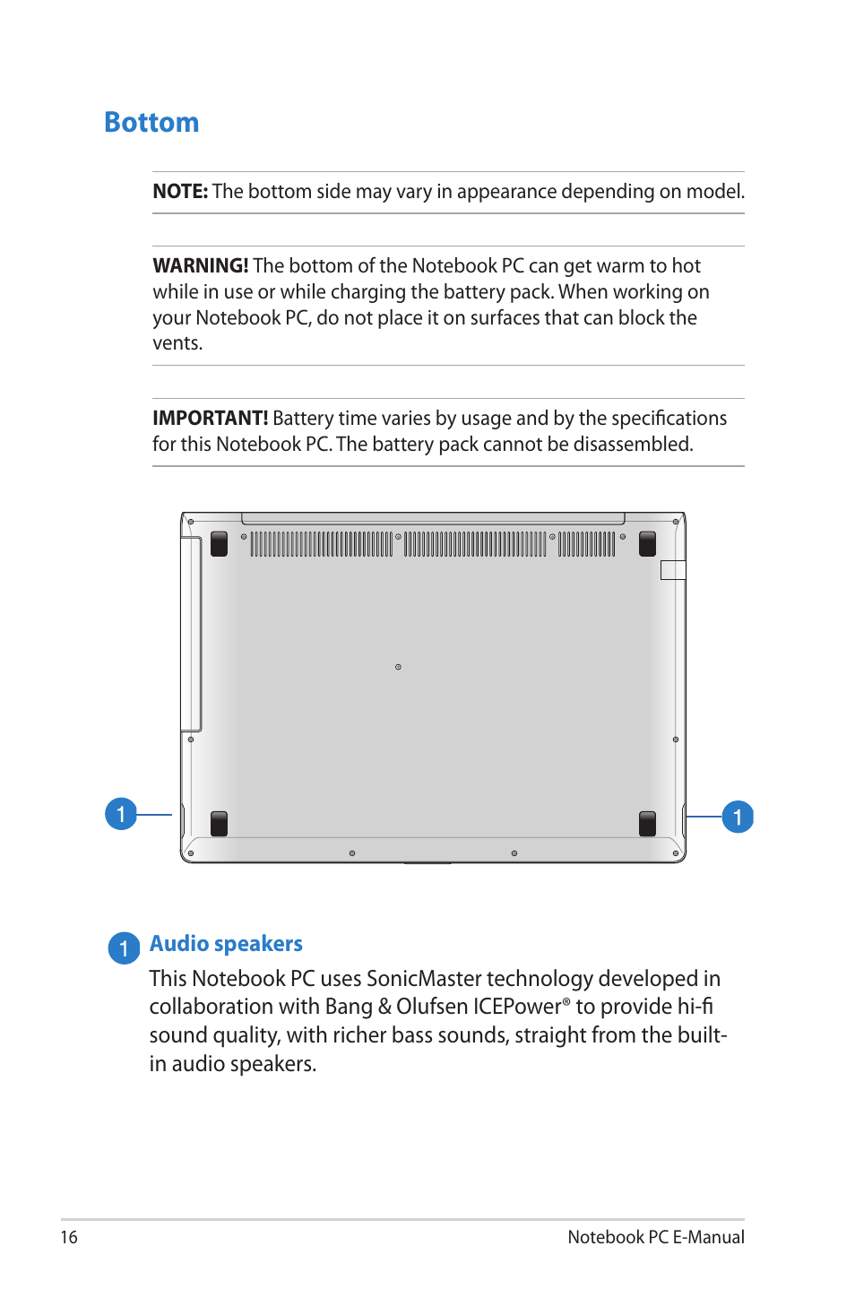 Bottom | Asus UX42VS User Manual | Page 16 / 102