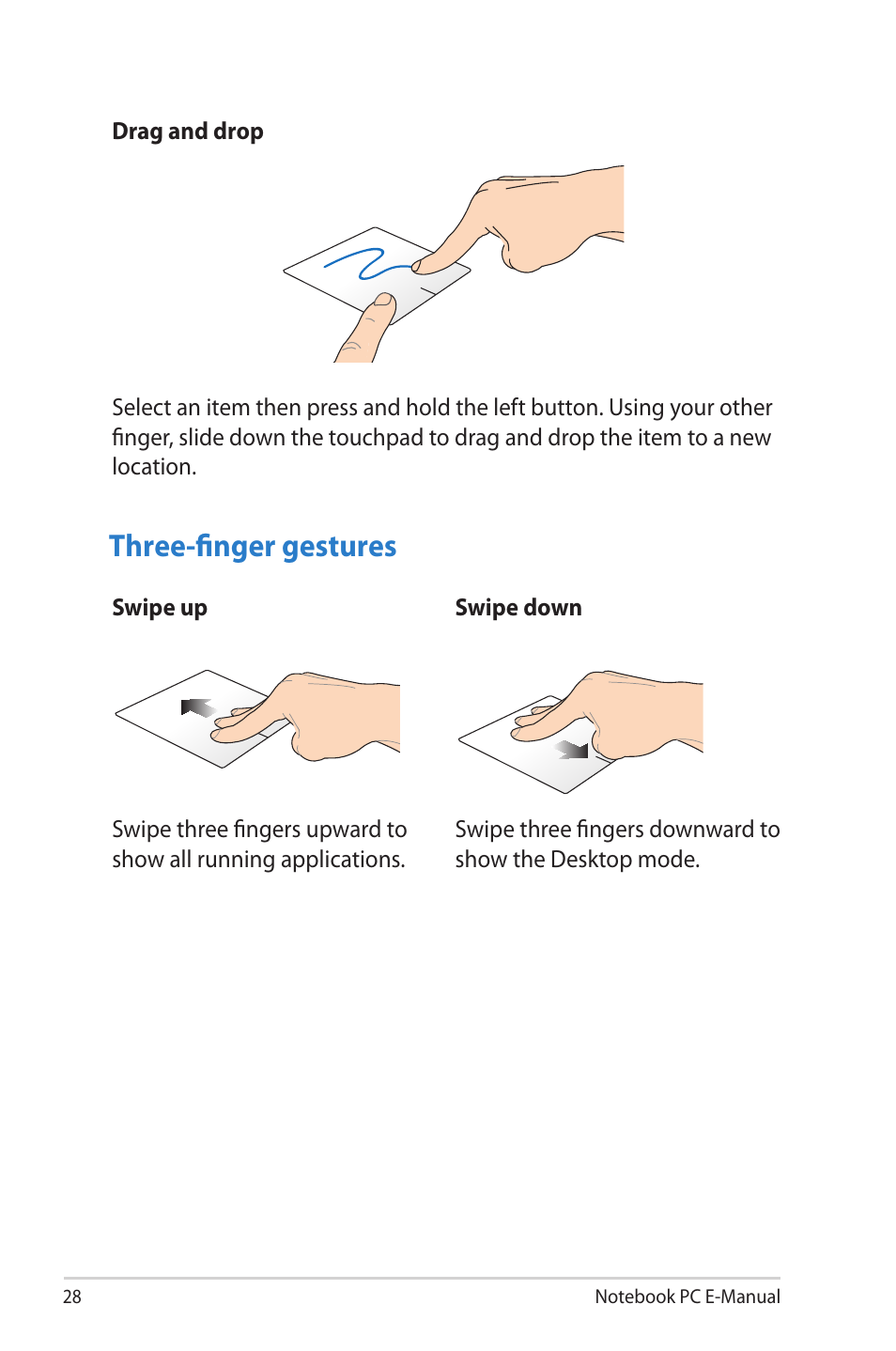 Three-finger gestures | Asus UX42VS User Manual | Page 28 / 102