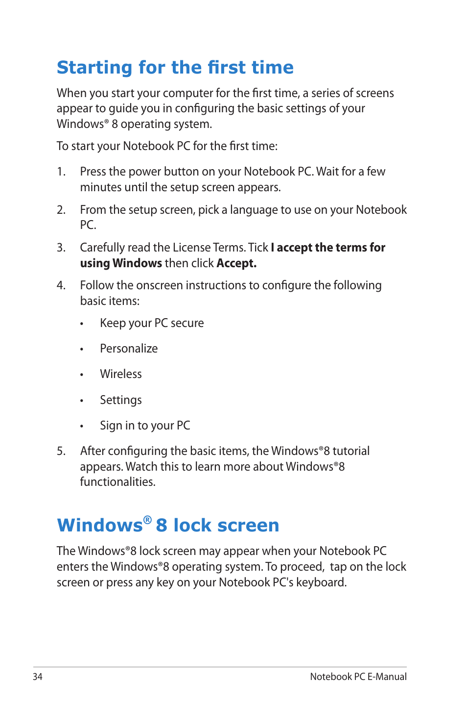 Starting for the first time, Windows® 8 lock screen, Windows | 8 lock screen | Asus UX42VS User Manual | Page 34 / 102