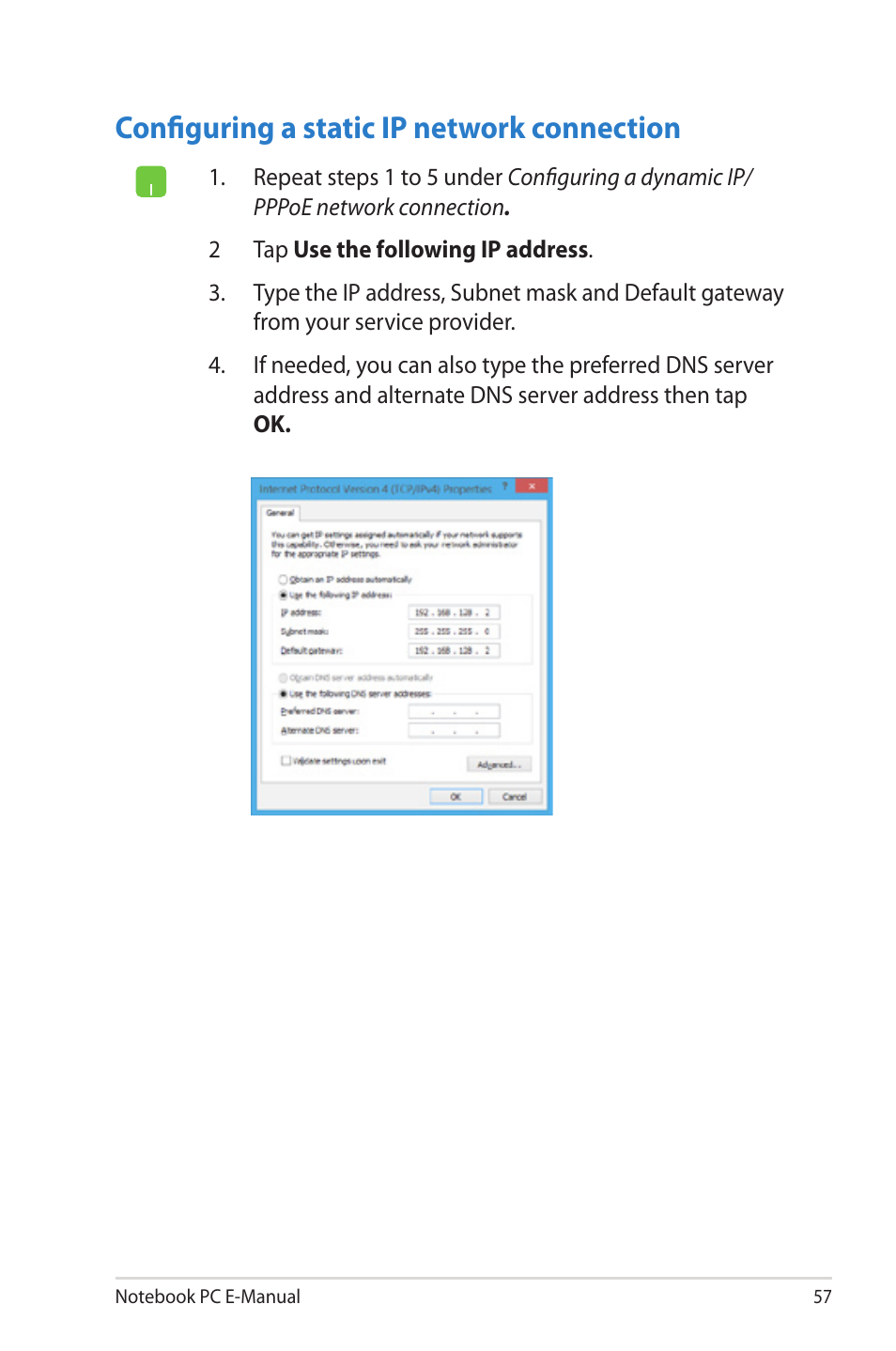 Configuring a static ip network connection | Asus UX42VS User Manual | Page 57 / 102