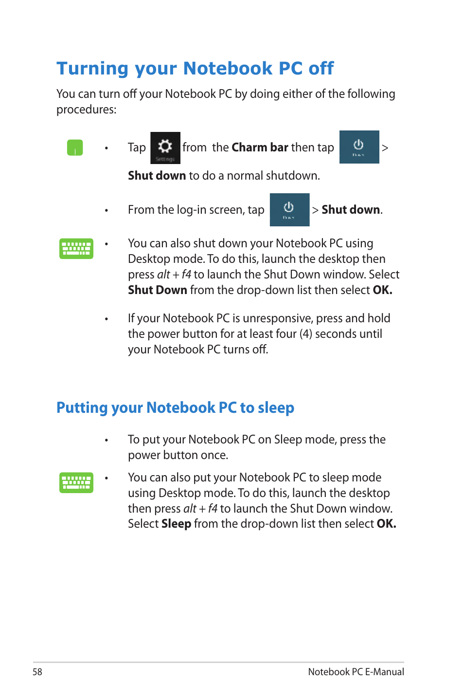 Turning your notebook pc off, Putting your notebook pc to sleep | Asus UX42VS User Manual | Page 58 / 102