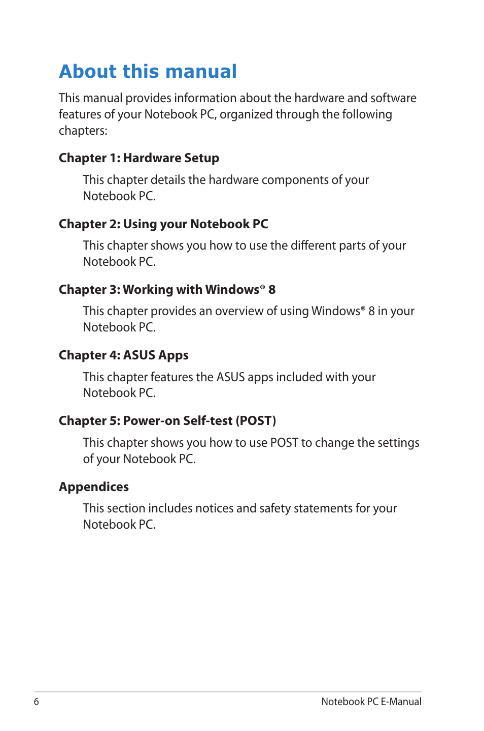 About this manual | Asus UX42VS User Manual | Page 6 / 102