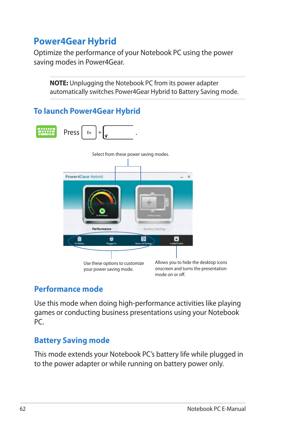 Power4gear hybrid, Battery saving mode, Performance mode | Asus UX42VS User Manual | Page 62 / 102