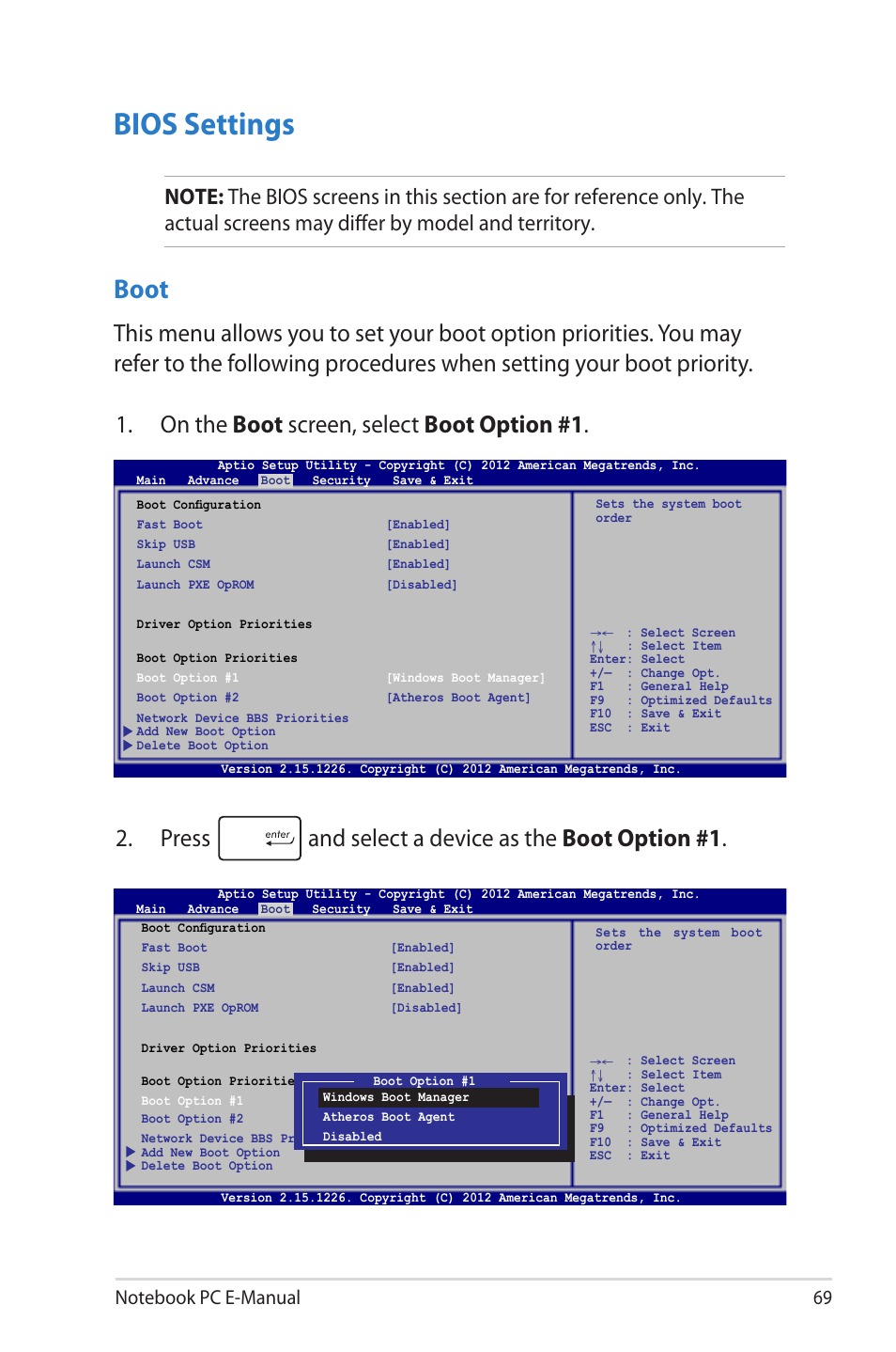 Bios settings, Boot | Asus UX42VS User Manual | Page 69 / 102