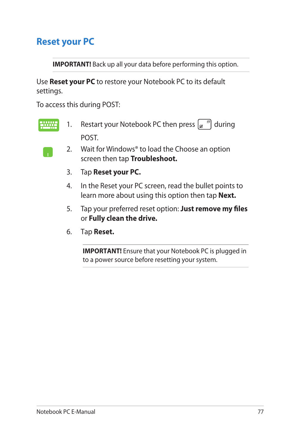 Reset your pc | Asus UX42VS User Manual | Page 77 / 102