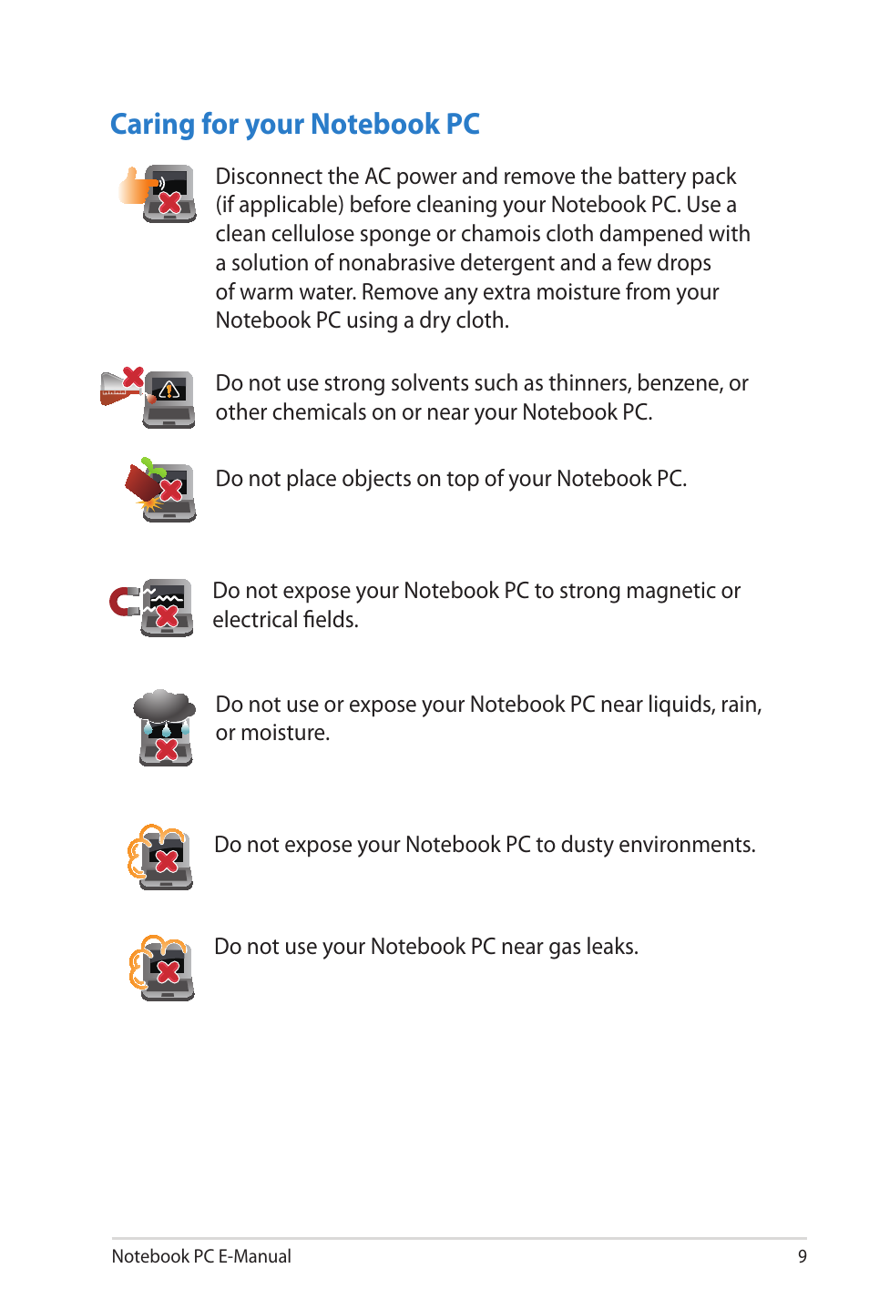Caring for your notebook pc | Asus UX42VS User Manual | Page 9 / 102