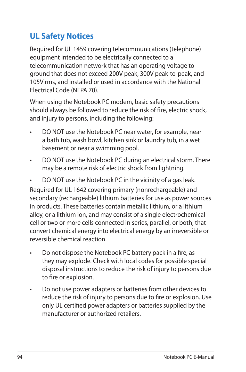 Ul safety notices | Asus UX42VS User Manual | Page 94 / 102