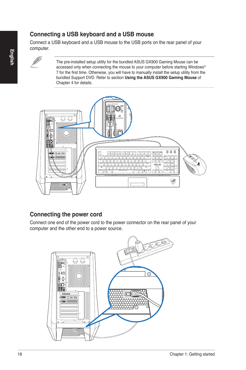 Connecting a usb keyboard and a usb mouse, Connecting the power cord, English | Asus CG8580 User Manual | Page 18 / 82