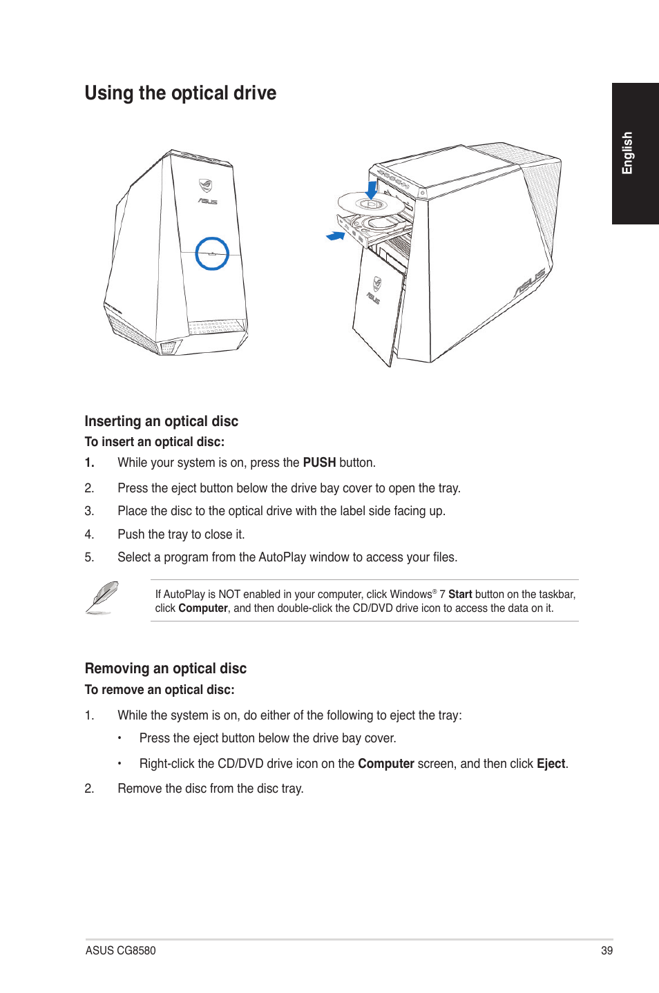 Using the optical drive | Asus CG8580 User Manual | Page 39 / 82