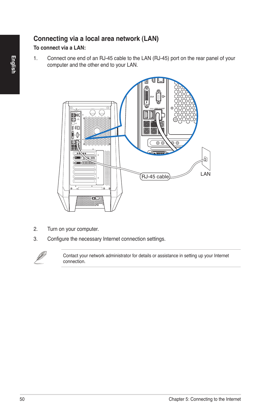 Connecting via a local area network (lan) | Asus CG8580 User Manual | Page 50 / 82