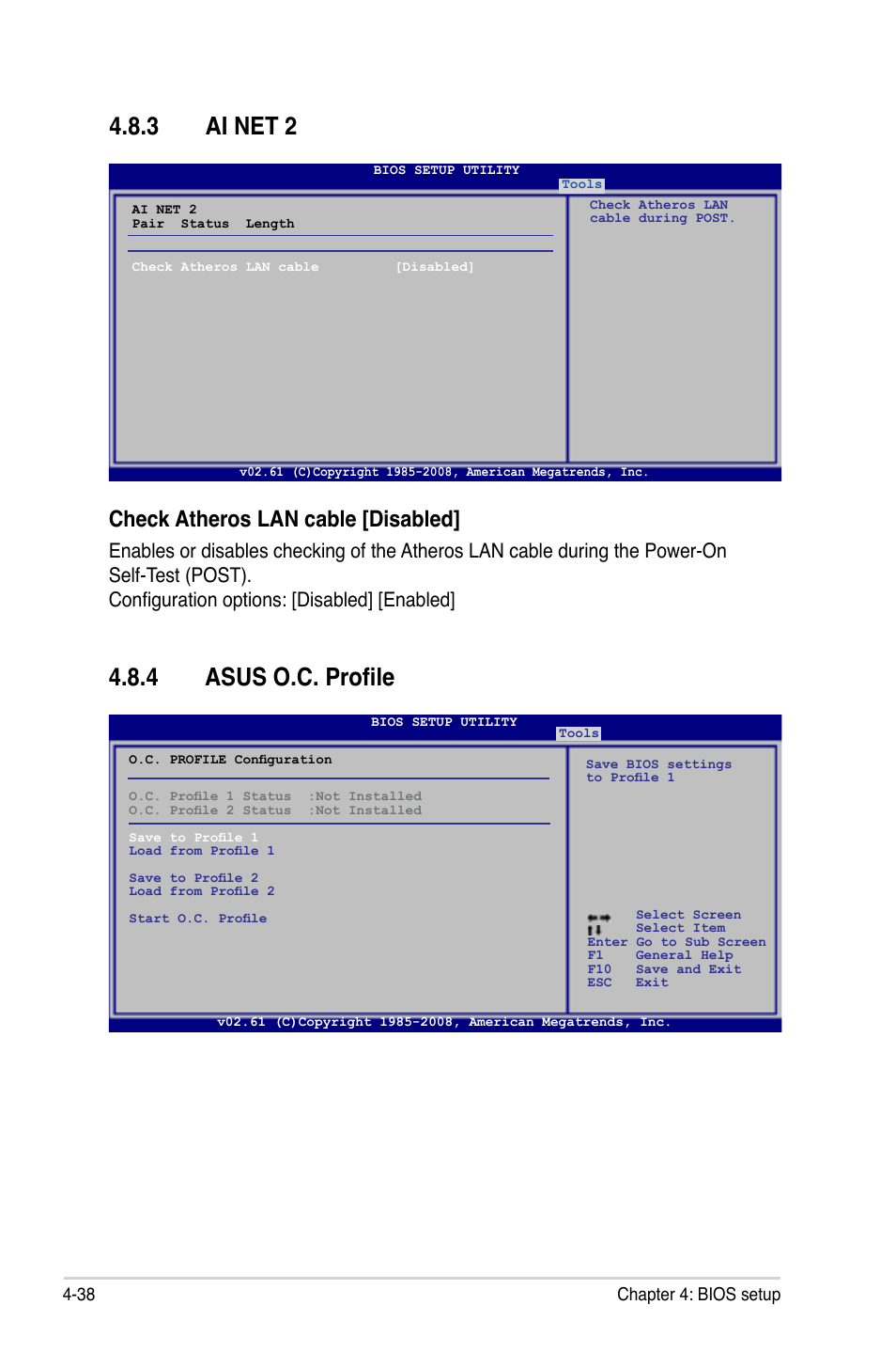 3 ai net 2, 4 asus o.c. profile, Ai net 2 -38 | Asus o.c. profile -38, Check atheros lan cable [disabled | Asus P5QL PRO User Manual | Page 100 / 148