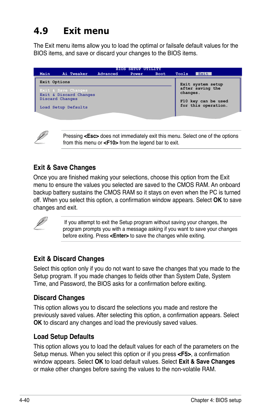 9 exit menu, Exit menu -40, Exit & discard changes | Discard changes, Load setup defaults, Exit & save changes | Asus P5QL PRO User Manual | Page 102 / 148