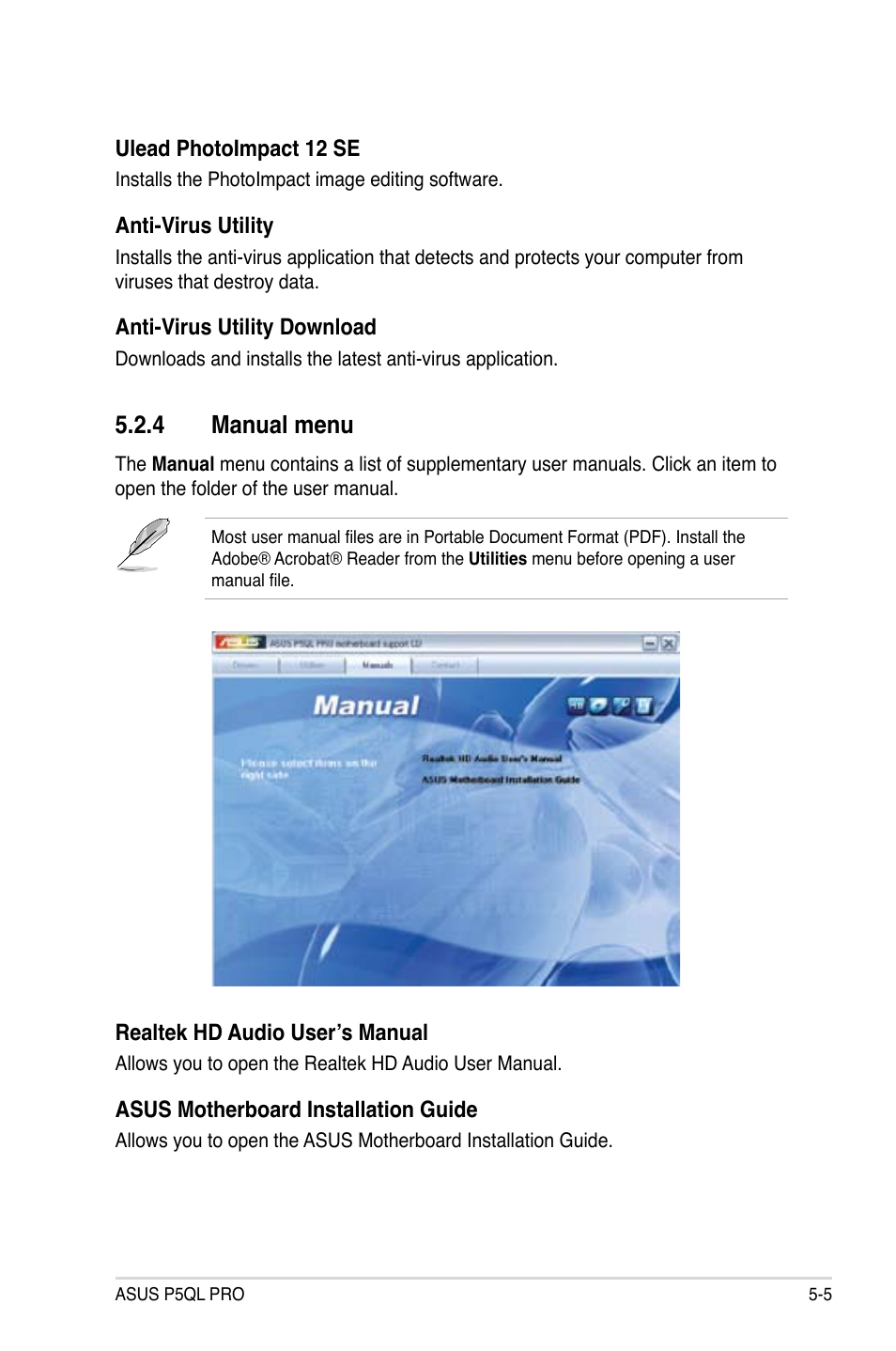4 manual menu, Manual menu -5 | Asus P5QL PRO User Manual | Page 109 / 148