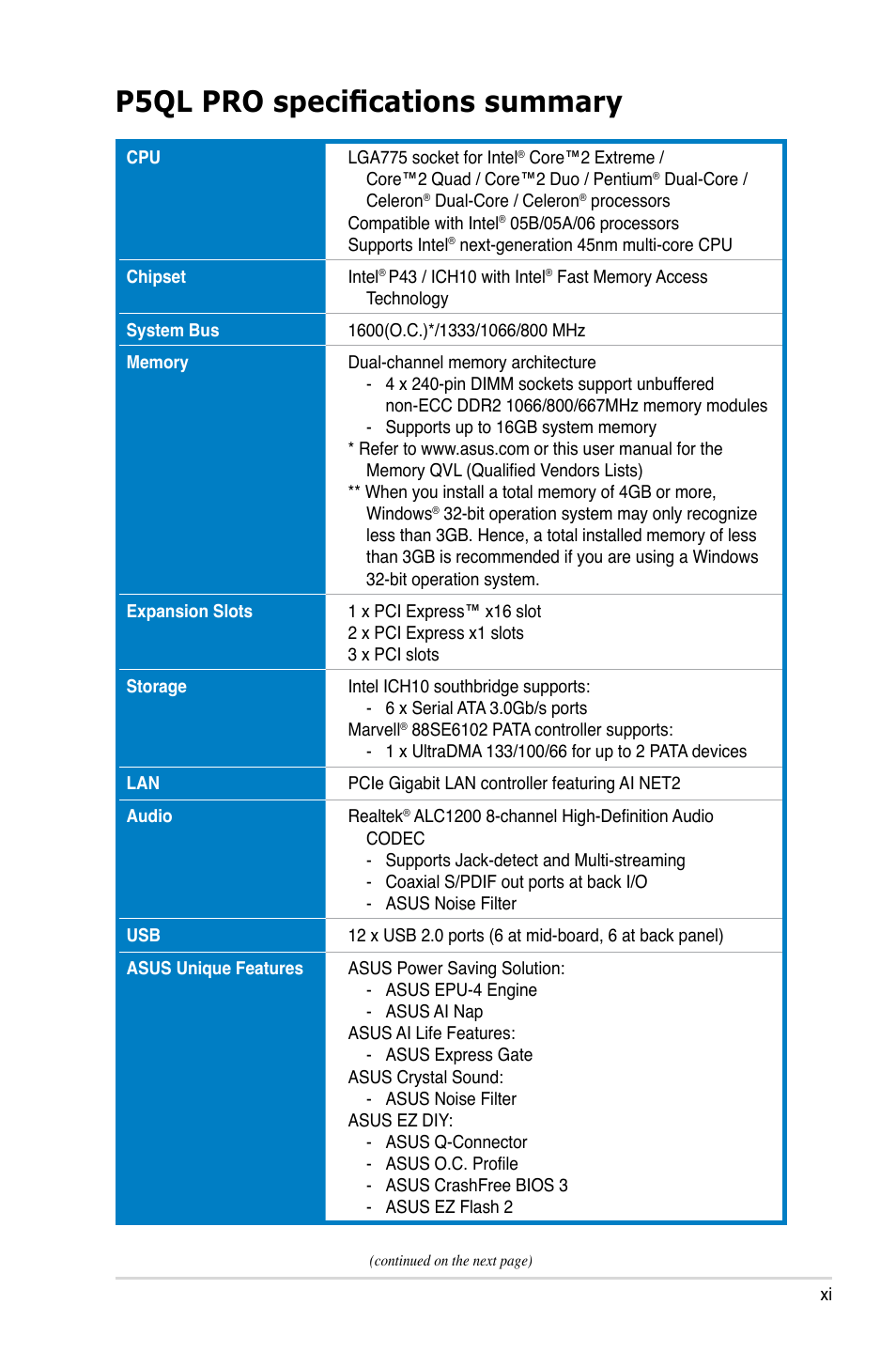 P5ql pro specifications summary | Asus P5QL PRO User Manual | Page 11 / 148