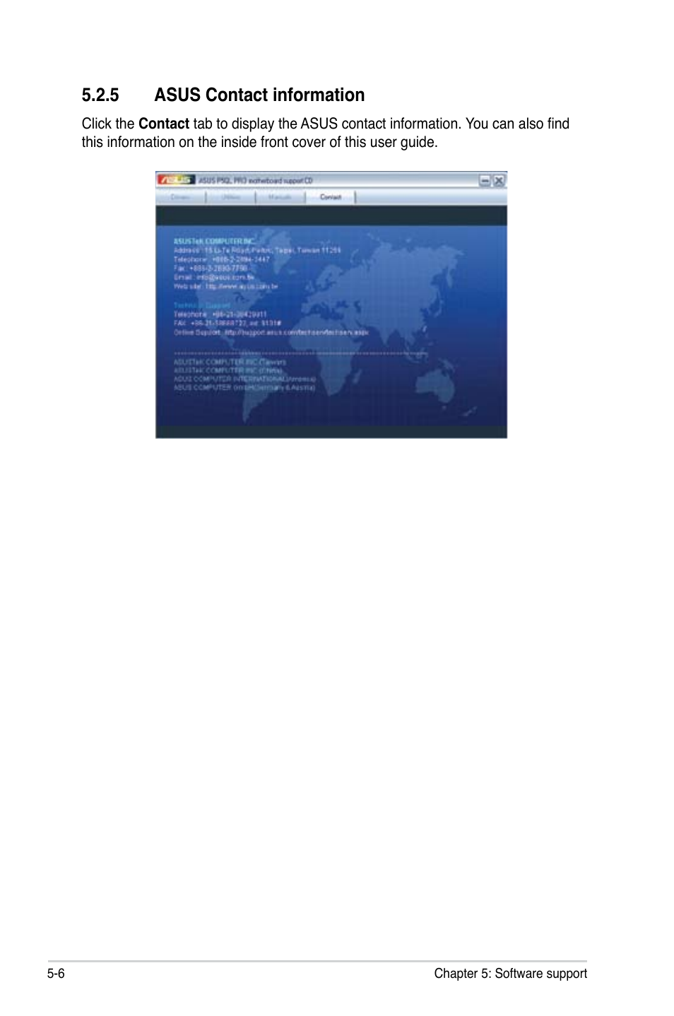 5 asus contact information, Asus contact information -6 | Asus P5QL PRO User Manual | Page 110 / 148