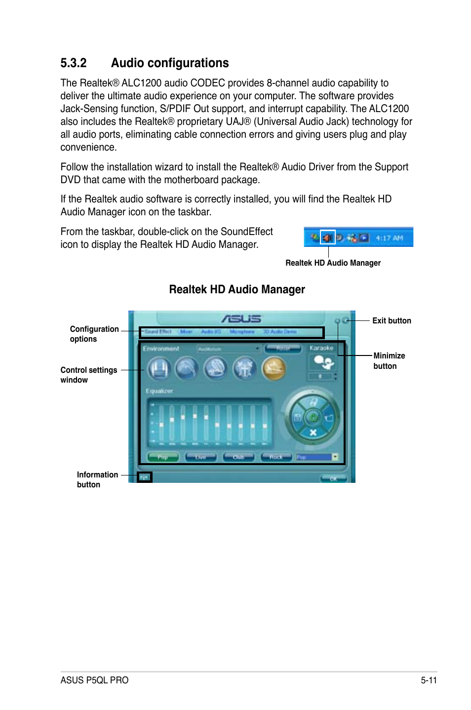 2 audio configurations, Audio configurations -11, Realtek hd audio manager | Asus P5QL PRO User Manual | Page 115 / 148