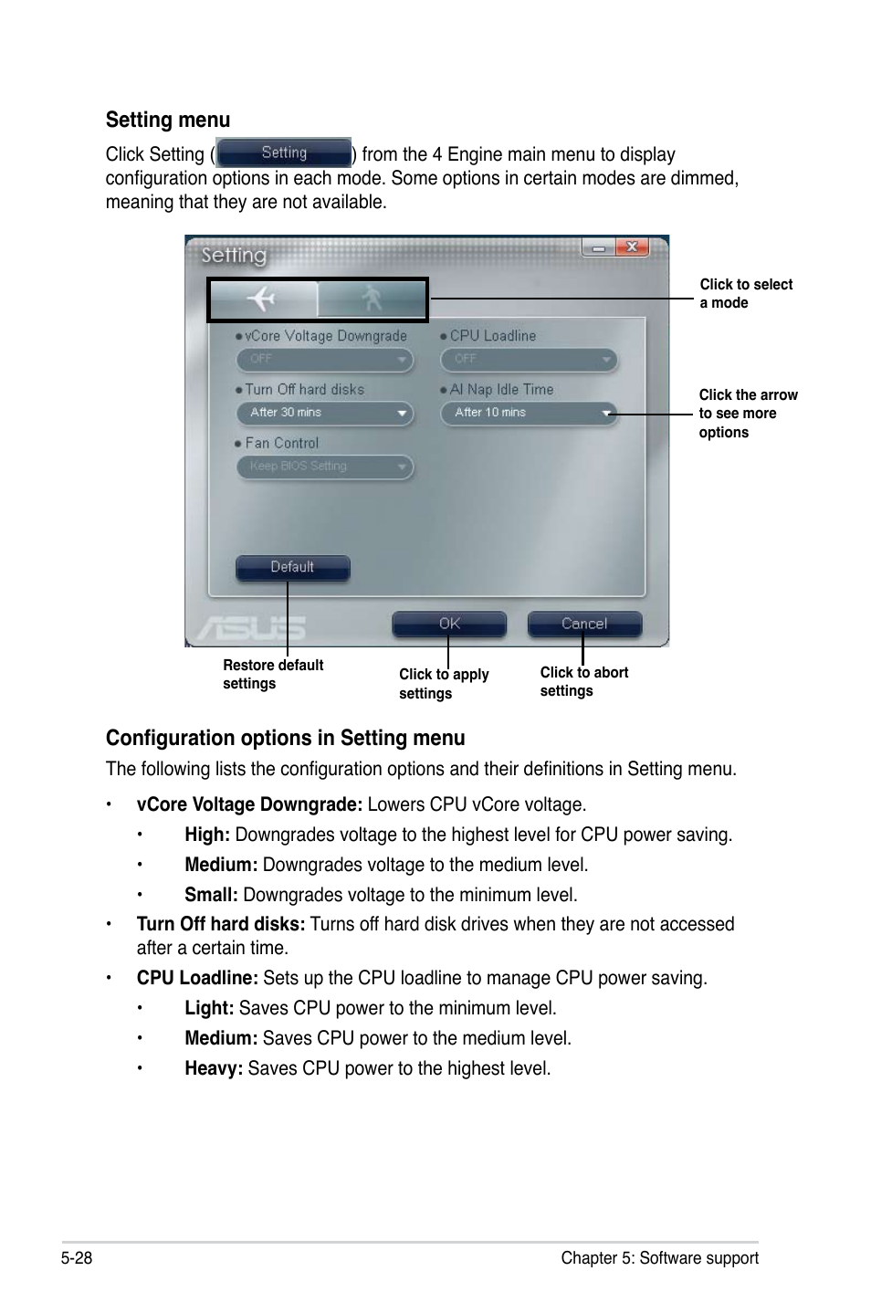 Setting menu, Configuration options in setting menu | Asus P5QL PRO User Manual | Page 132 / 148