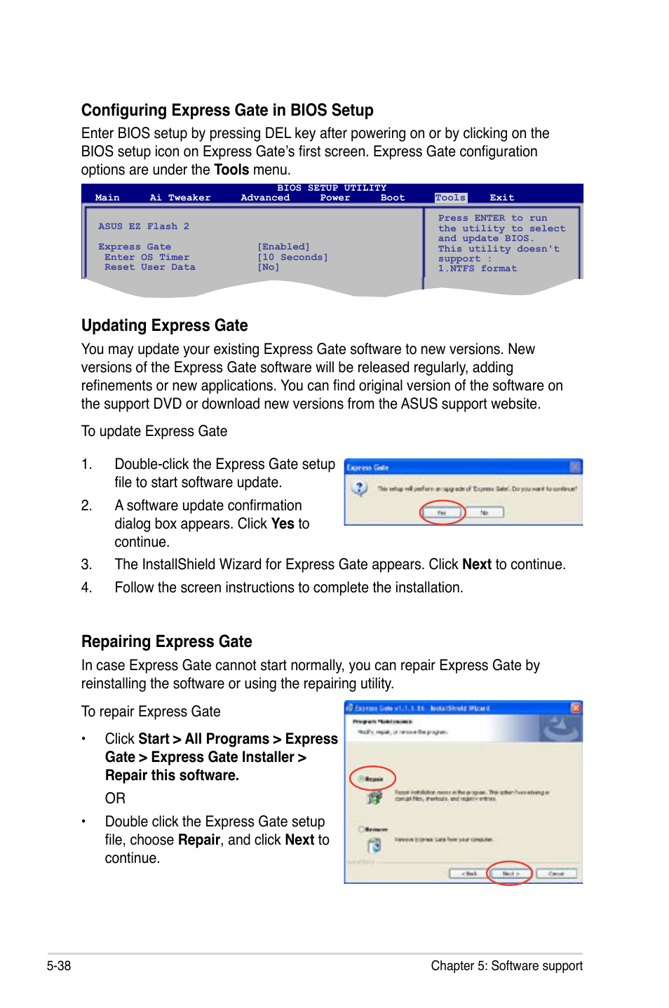 Configuring express gate in bios setup, Updating express gate, Repairing express gate | Asus P5QL PRO User Manual | Page 142 / 148