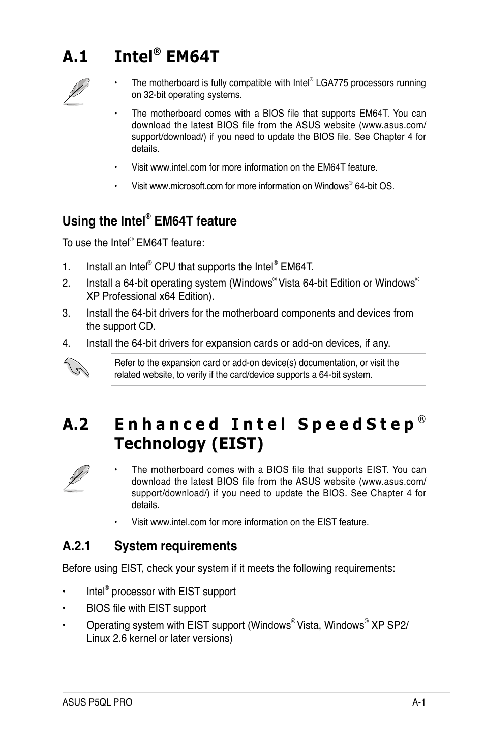 A.1 intel® em64t, Using the intel® em64t feature, A.2 enhanced intel speedstep® technology (eist) | A.2.1 system requirements, Intel, Using the intel, Enhanced intel speedstep, Technology (eist) ........................a-1, A.2.1, A.1 intel | Asus P5QL PRO User Manual | Page 145 / 148