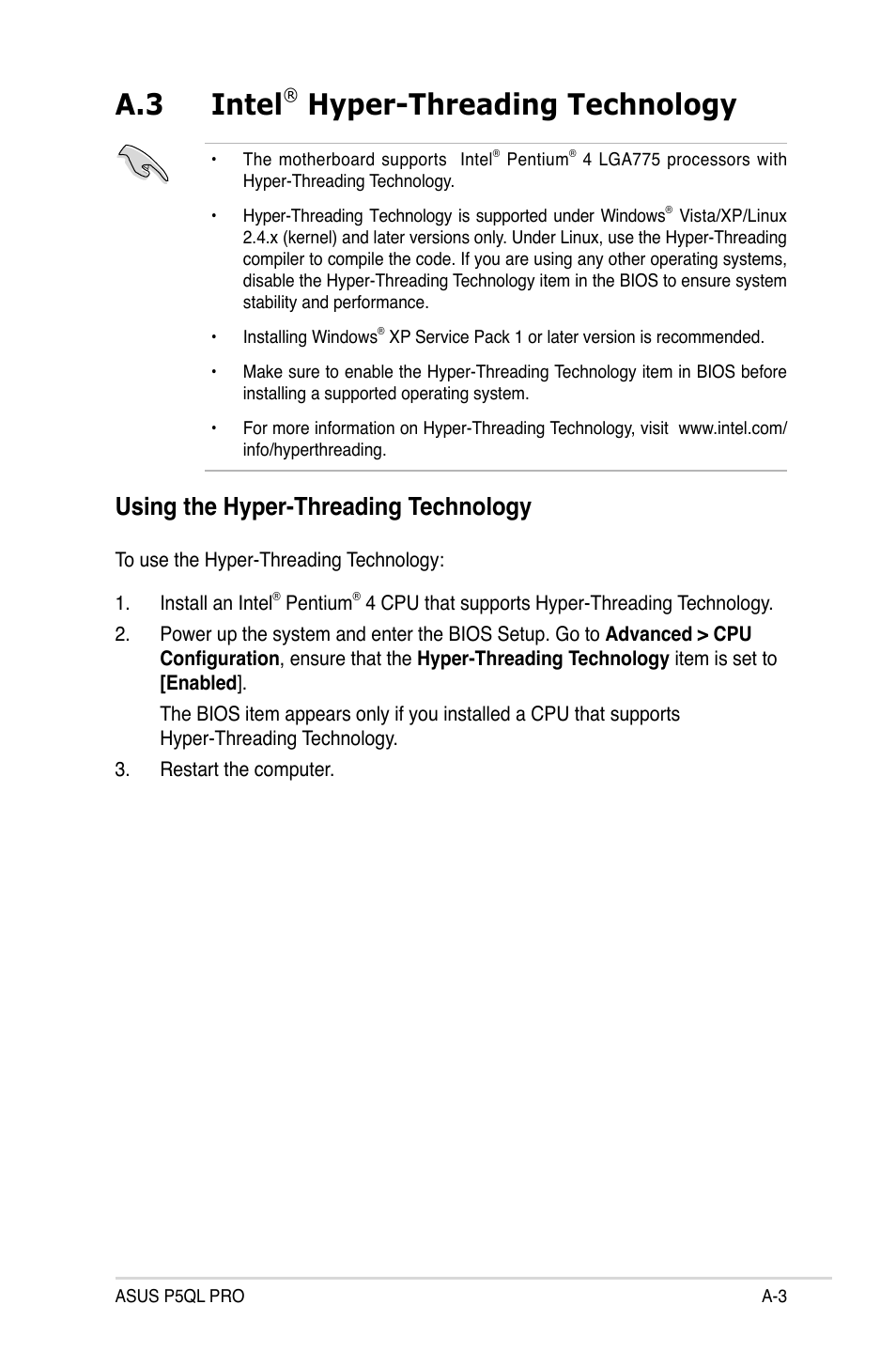 A.3 intel® hyper-threading technology, Using the hyper-threading technology, Intel | A.3 intel, Hyper-threading technology | Asus P5QL PRO User Manual | Page 147 / 148