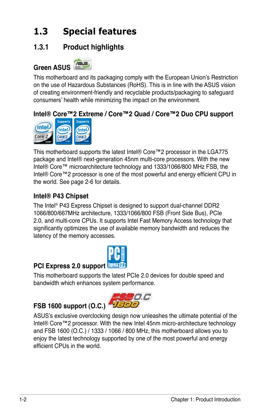 3 special features, 1 product highlights, Special features -2 1.3.1 | Product highlights -2 | Asus P5QL PRO User Manual | Page 16 / 148