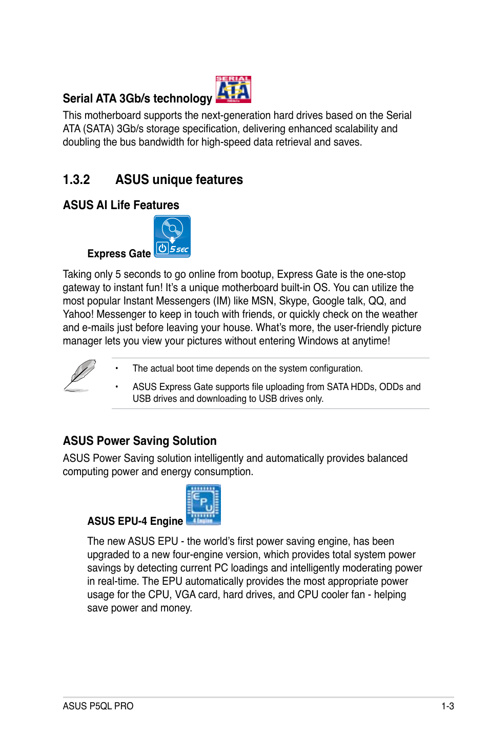 2 asus unique features, Asus unique features -3 | Asus P5QL PRO User Manual | Page 17 / 148