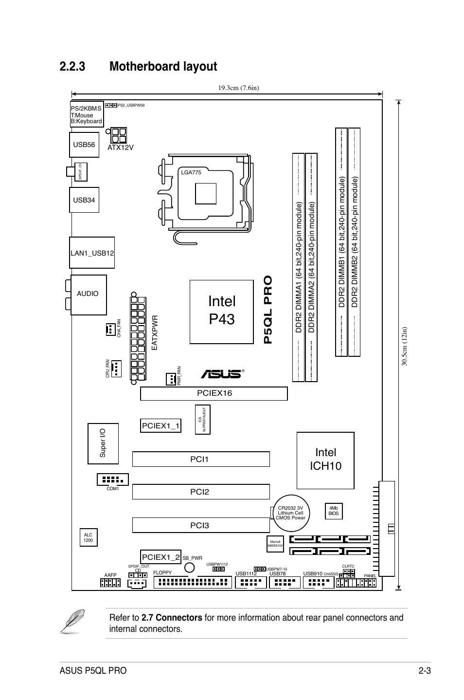 3 motherboard layout, Motherboard layout -3, Intel p43 | Intel ich10, P5ql pro, Asus p5ql pro 2-3 | Asus P5QL PRO User Manual | Page 25 / 148