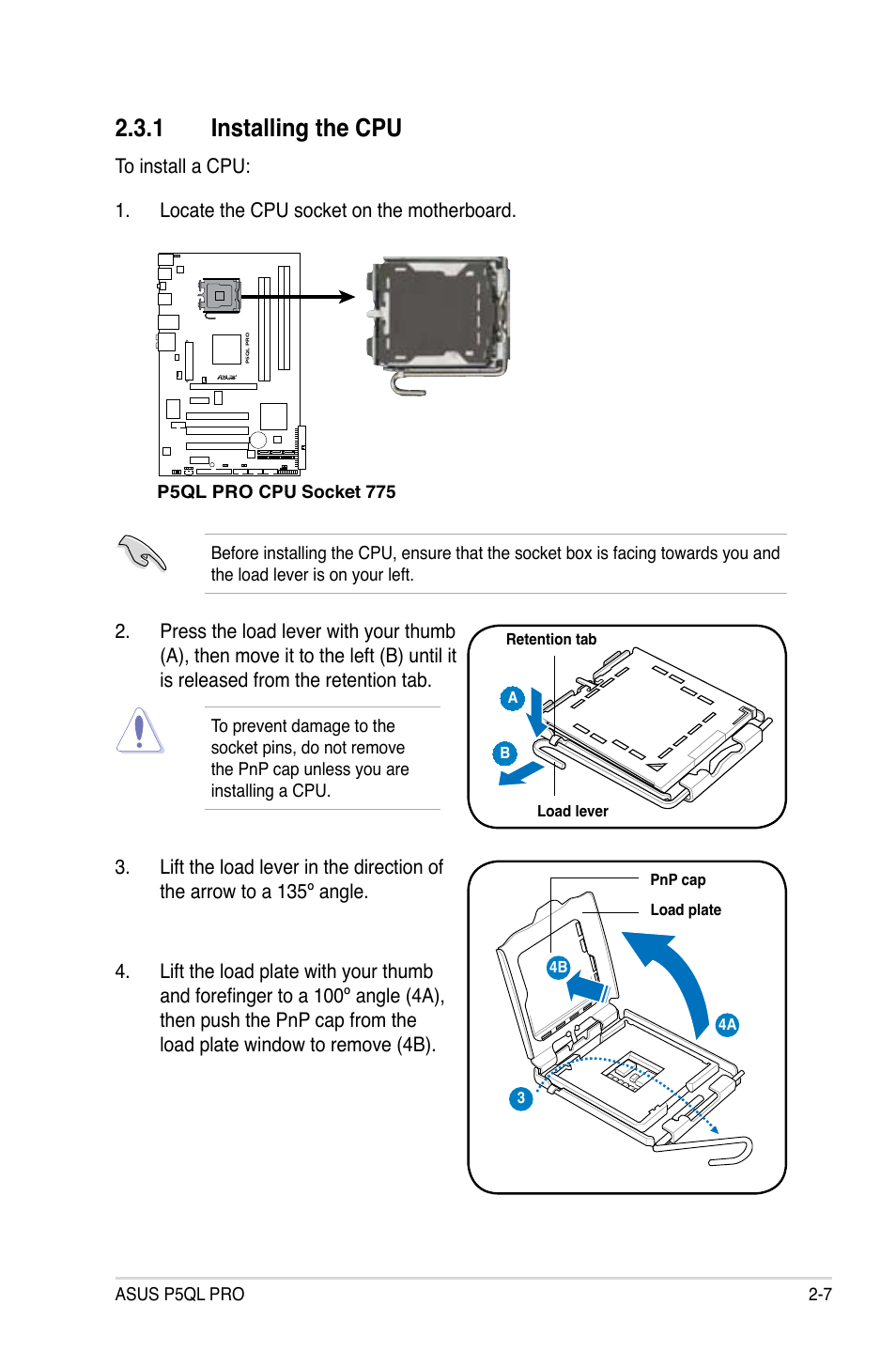 1 installing the cpu, Installing the cpu -7 | Asus P5QL PRO User Manual | Page 29 / 148