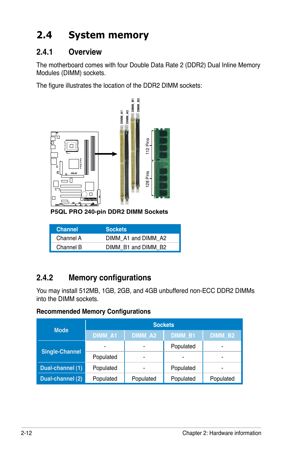 4 system memory, 1 overview, 2 memory configurations | System memory -12 2.4.1, Overview -12, Memory configurations -12 | Asus P5QL PRO User Manual | Page 34 / 148