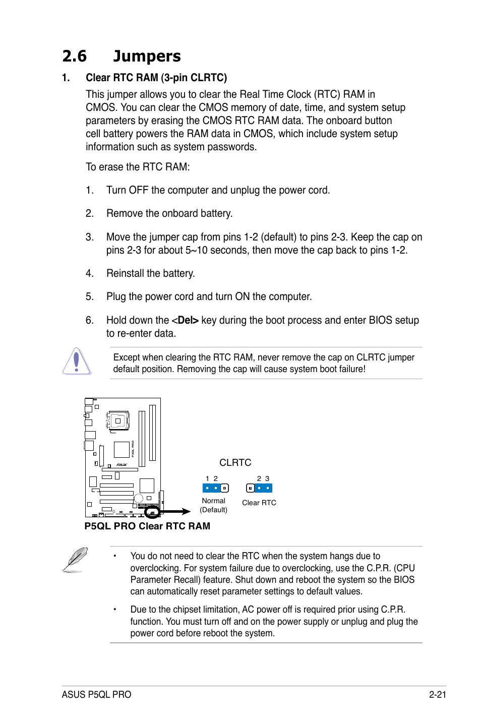 6 jumpers, Jumpers -21 | Asus P5QL PRO User Manual | Page 43 / 148