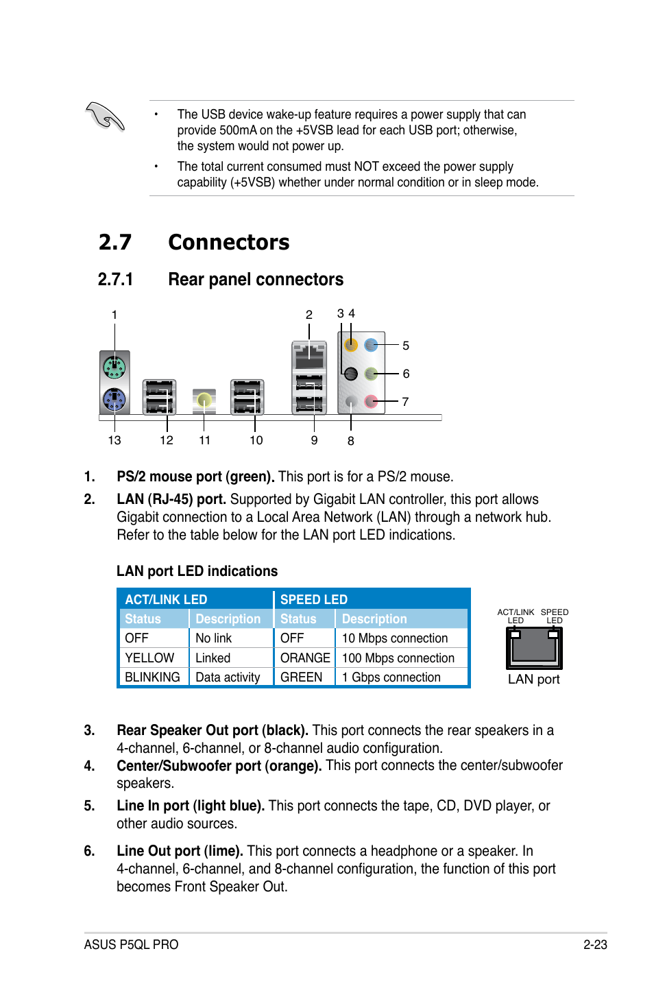 7 connectors, 1 rear panel connectors, Connectors -23 2.7.1 | Rear panel connectors -23 | Asus P5QL PRO User Manual | Page 45 / 148