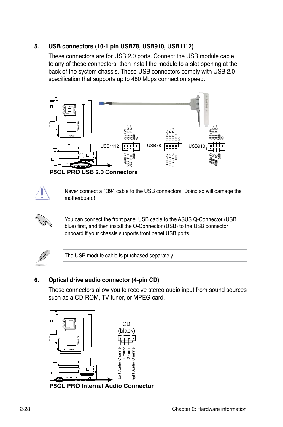28 chapter 2: hardware information, P5ql pro internal audio connector cd (black) | Asus P5QL PRO User Manual | Page 50 / 148