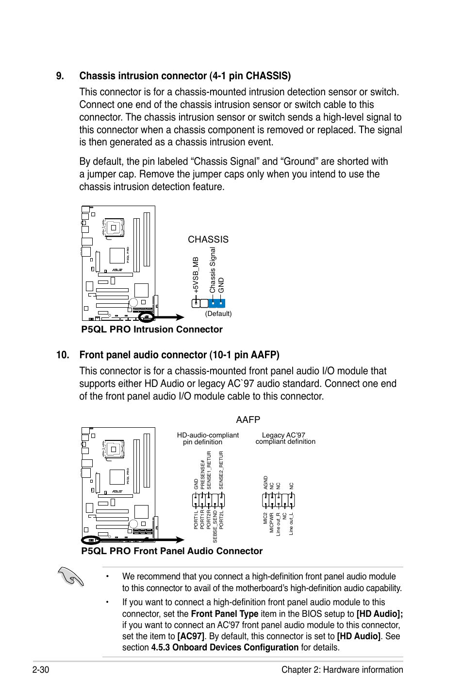 30 chapter 2: hardware information, P5ql pro front panel audio connector, Aafp | Asus P5QL PRO User Manual | Page 52 / 148