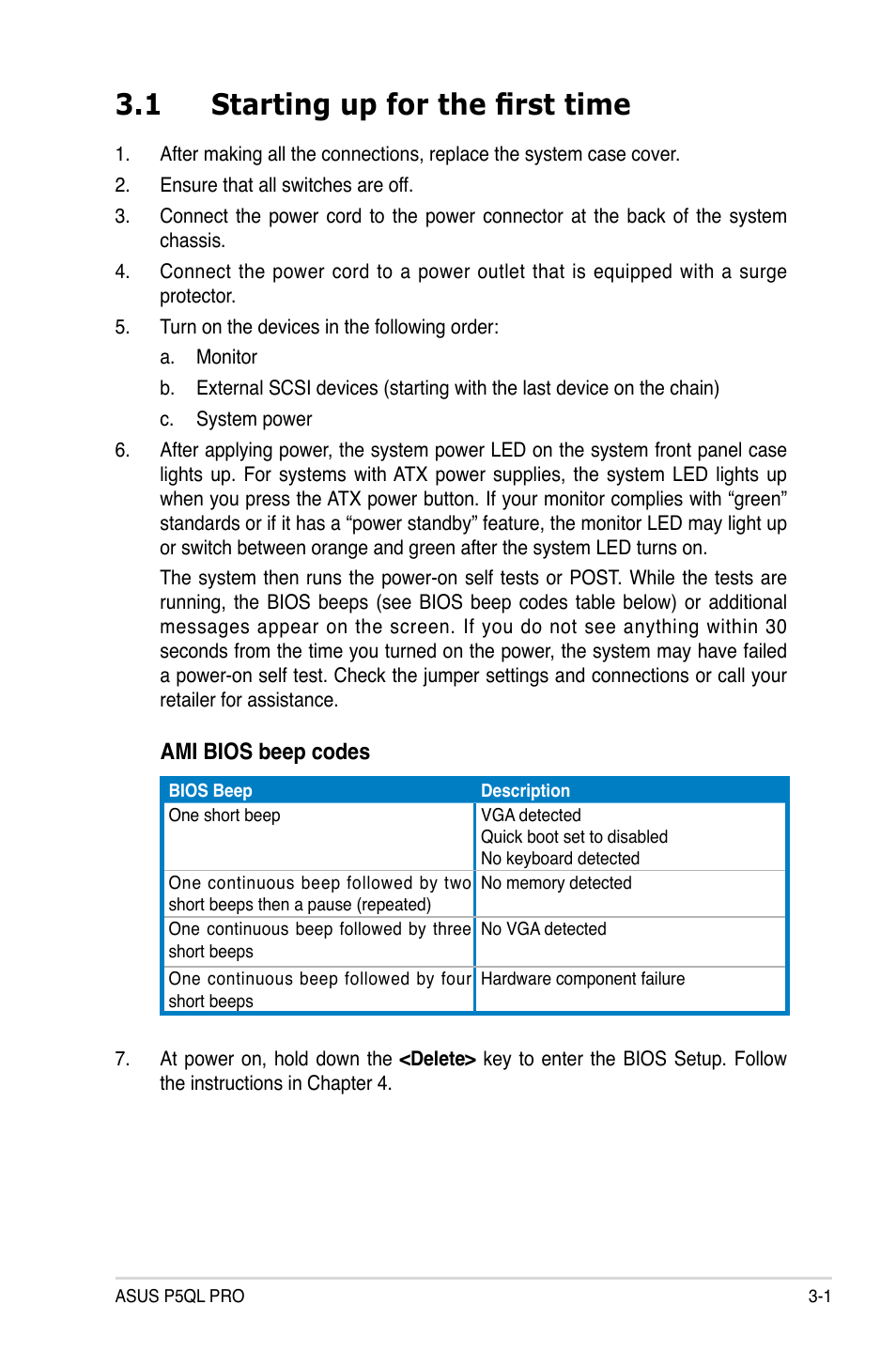 1 starting up for the first time, Starting up for the first time -1 | Asus P5QL PRO User Manual | Page 59 / 148