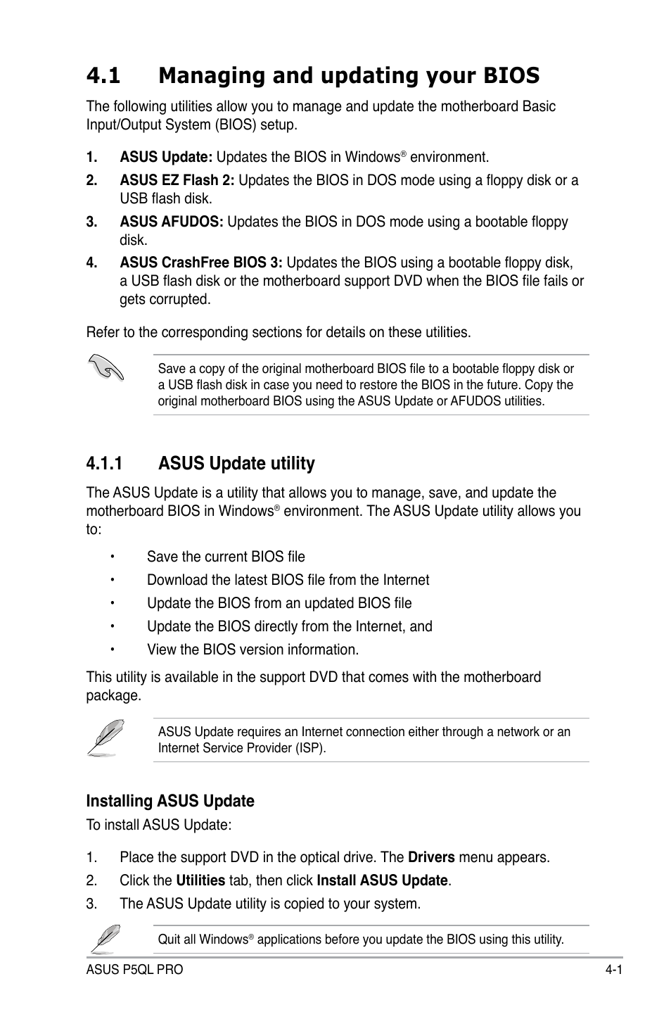 1 managing and updating your bios, 1 asus update utility, Managing and updating your bios -1 4.1.1 | Asus update utility -1 | Asus P5QL PRO User Manual | Page 63 / 148