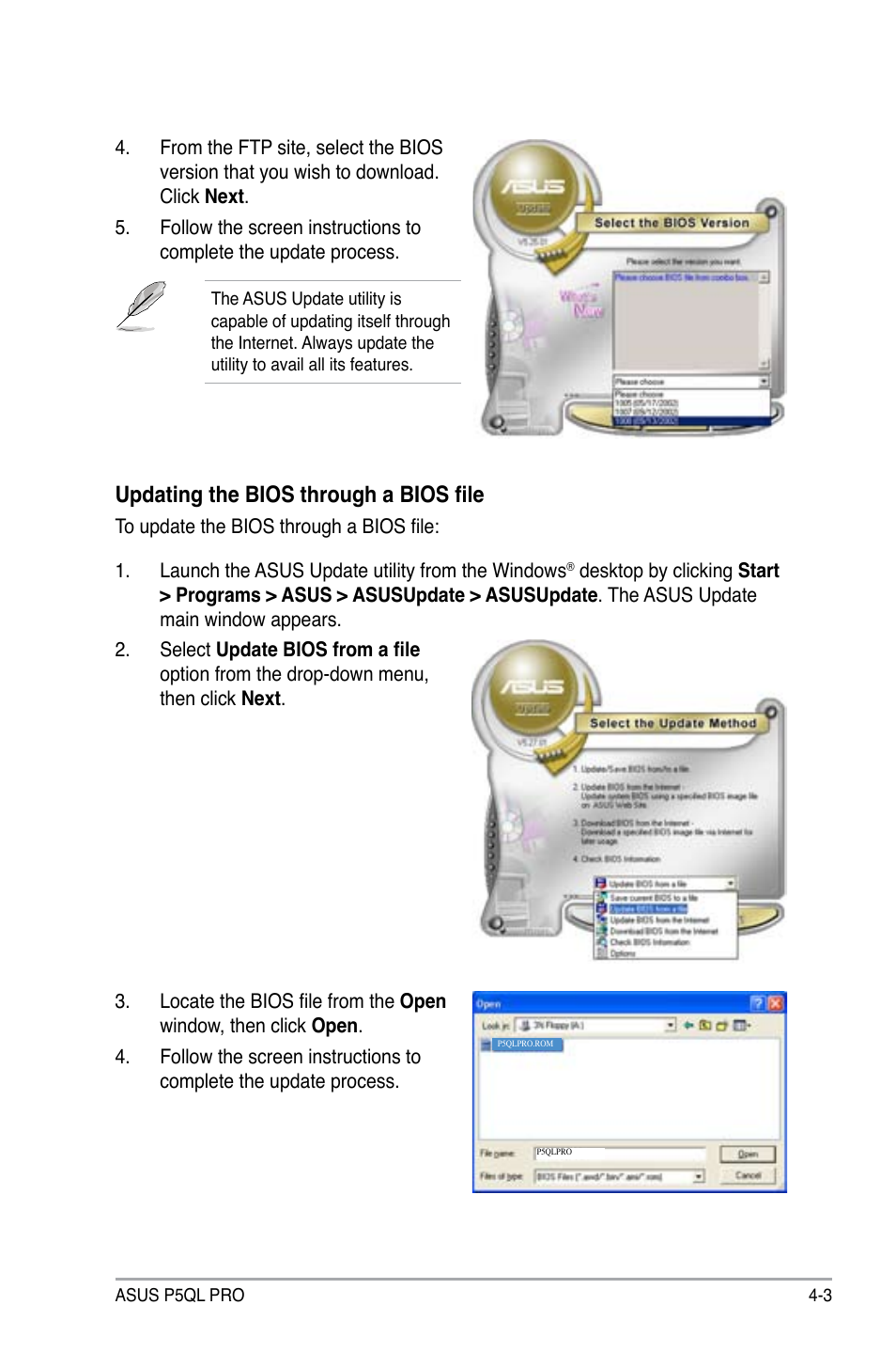 Updating the bios through a bios file | Asus P5QL PRO User Manual | Page 65 / 148