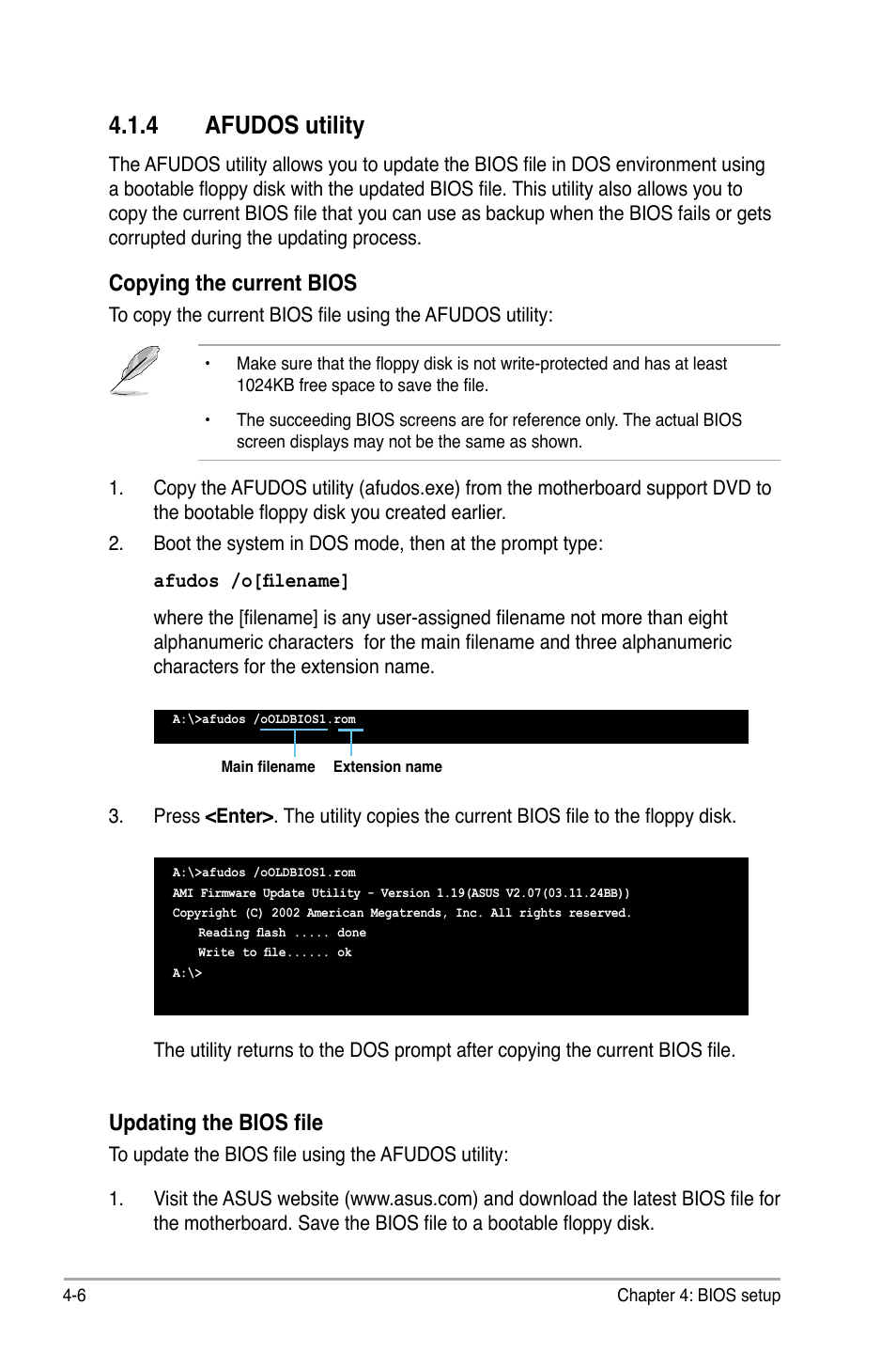 4 afudos utility, Afudos utility -6, Copying the current bios | Updating the bios file | Asus P5QL PRO User Manual | Page 68 / 148