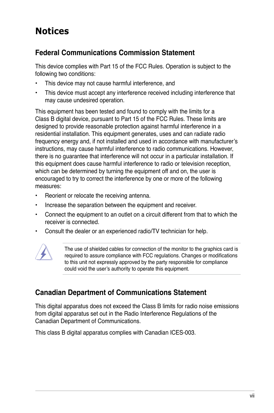 Notices, Federal communications commission statement, Canadian department of communications statement | Asus P5QL PRO User Manual | Page 7 / 148