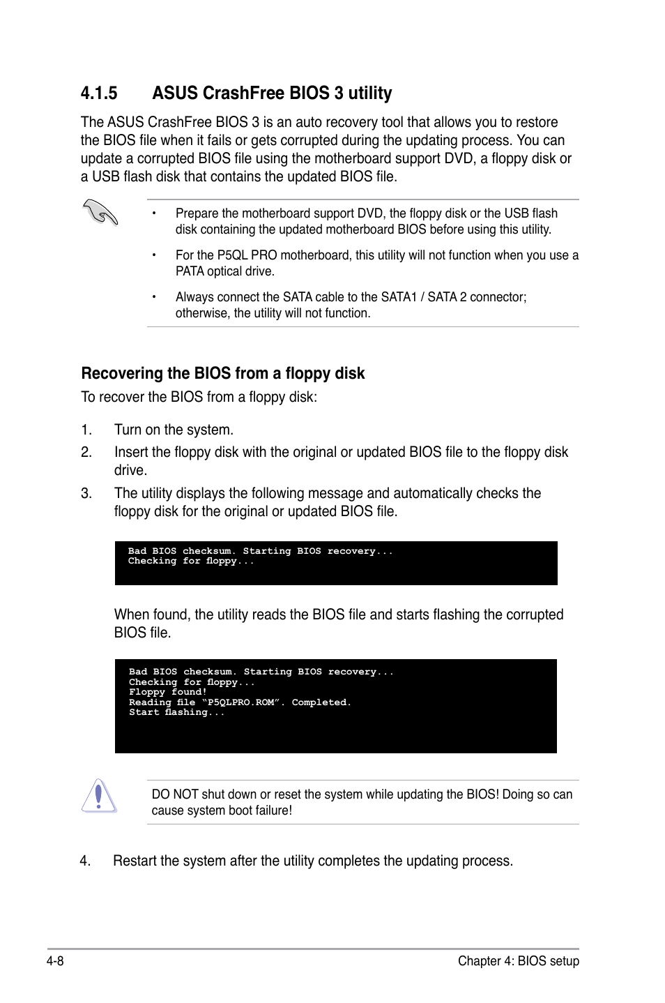 5 asus crashfree bios 3 utility, Asus crashfree bios 3 utility -8, Recovering the bios from a floppy disk | Asus P5QL PRO User Manual | Page 70 / 148