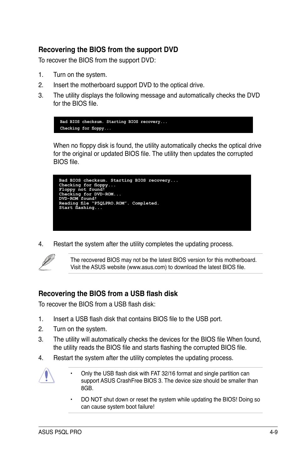 Recovering the bios from the support dvd, Recovering the bios from a usb flash disk | Asus P5QL PRO User Manual | Page 71 / 148