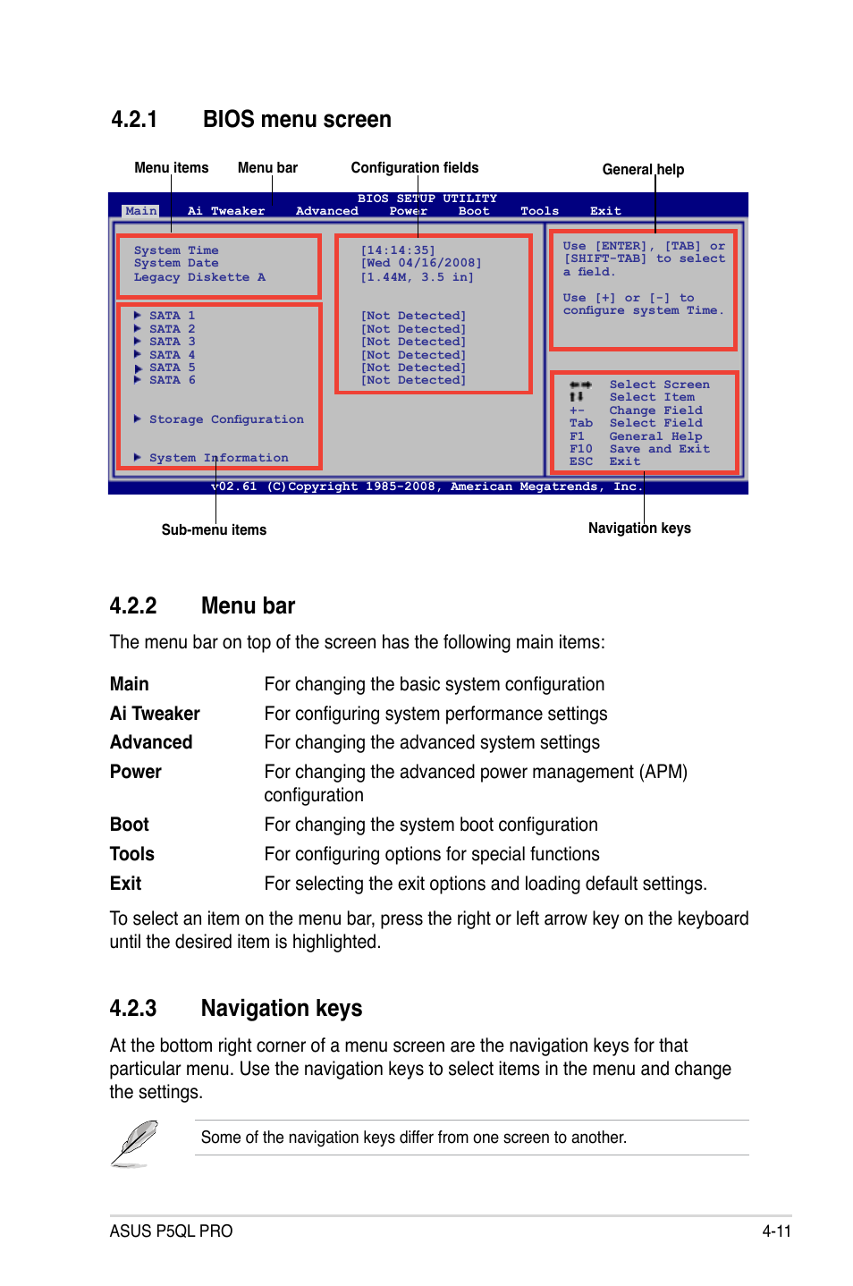 1 bios menu screen, 2 menu bar, 3 navigation keys | Bios menu screen -11, Menu bar -11, Navigation keys -11 | Asus P5QL PRO User Manual | Page 73 / 148