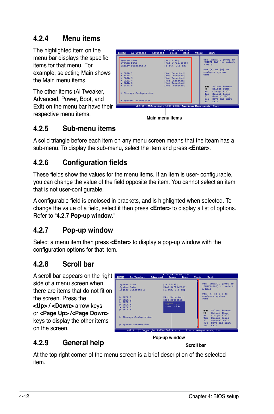 4 menu items, 5 sub-menu items, 6 configuration fields | 7 pop-up window, 8 scroll bar, 9 general help, Menu items -12, Sub-menu items -12, Configuration fields -12, Pop-up window -12 | Asus P5QL PRO User Manual | Page 74 / 148