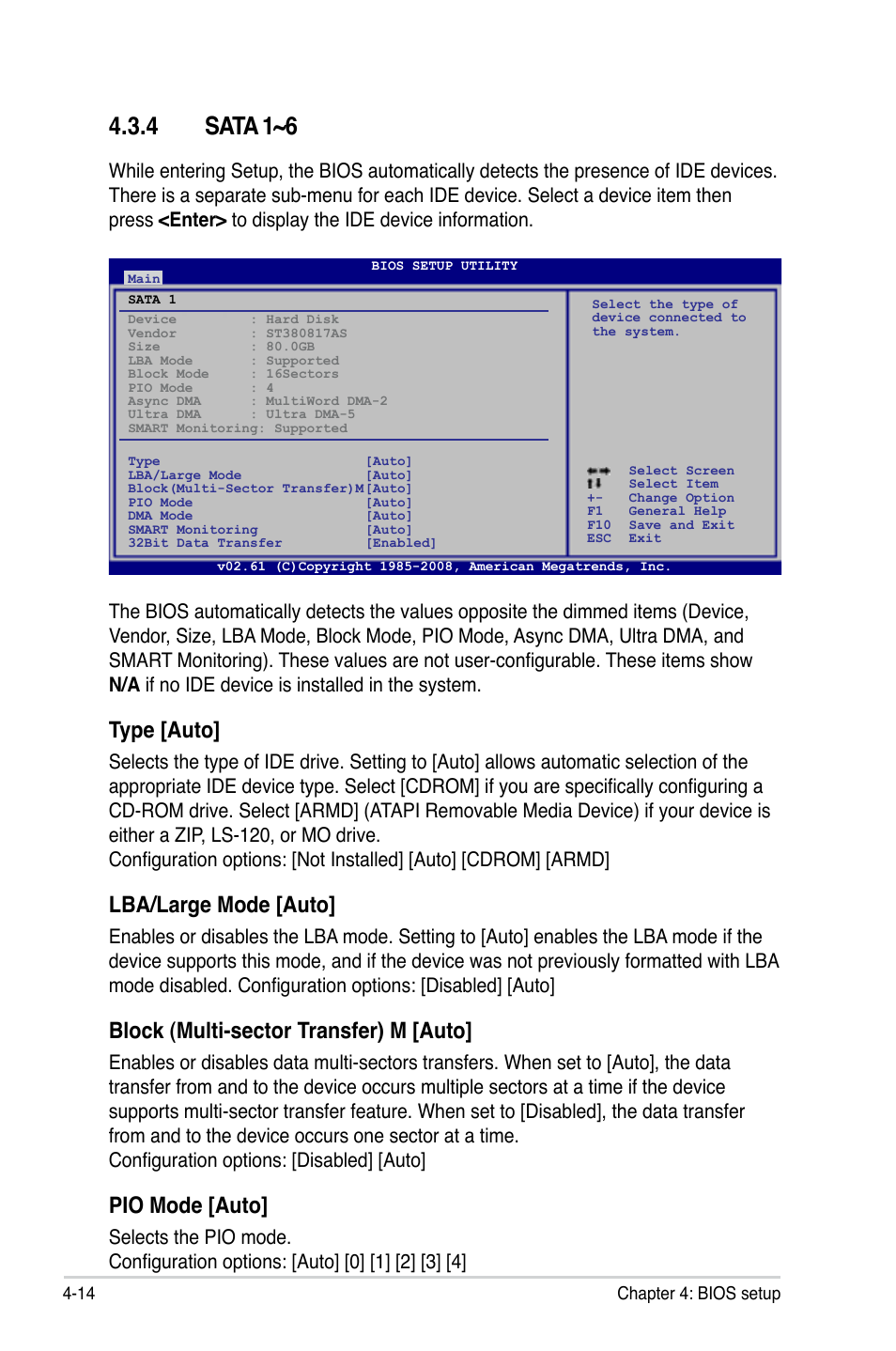 4 sata 1~6, Sata 1~6 -14, Type [auto | Lba/large mode [auto, Block (multi-sector transfer) m [auto, Pio mode [auto | Asus P5QL PRO User Manual | Page 76 / 148