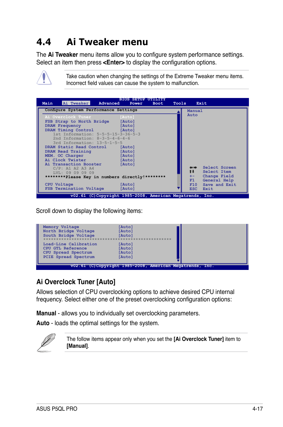 4 ai tweaker menu, Ai tweaker menu -17, Ai overclock tuner [auto | Scroll down to display the following items, Asus p5ql pro 4-17 | Asus P5QL PRO User Manual | Page 79 / 148