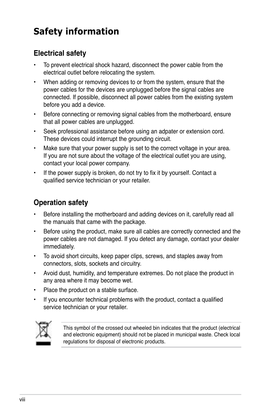 Safety information, Electrical safety, Operation safety | Asus P5QL PRO User Manual | Page 8 / 148