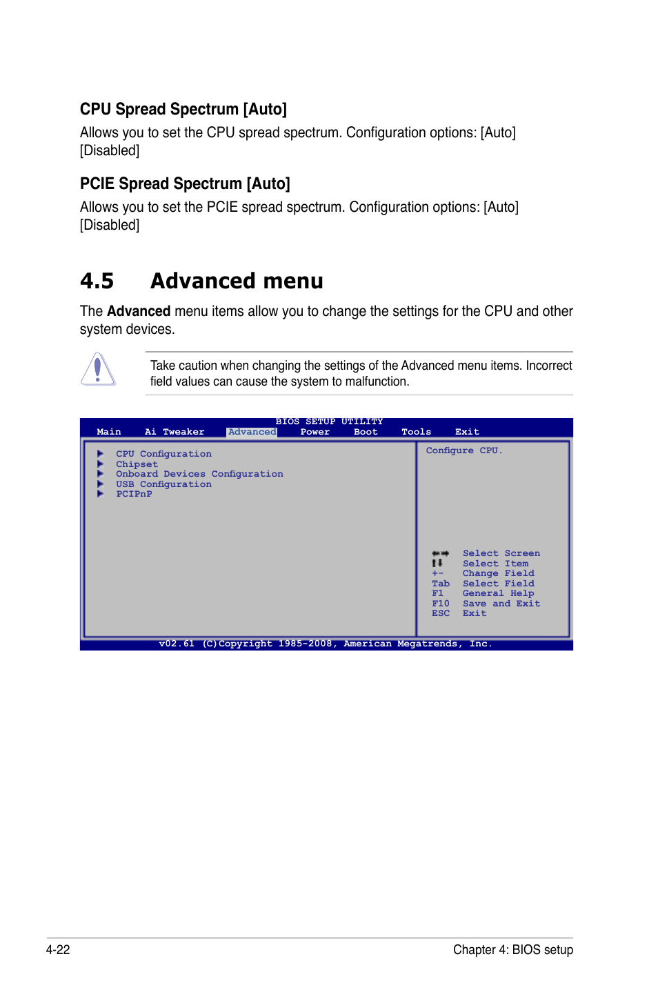 5 advanced menu, Advanced menu -22, Cpu spread spectrum [auto | Pcie spread spectrum [auto | Asus P5QL PRO User Manual | Page 84 / 148